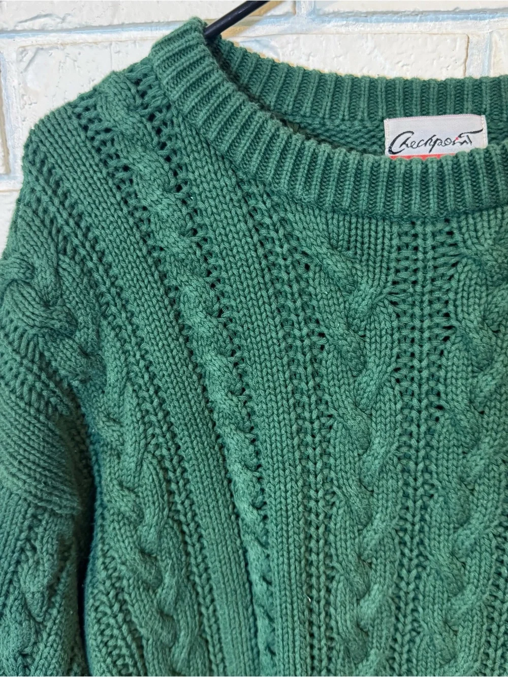 Vintage 90s y2k Checkpoint Cable Knit Green Crewneck Sweater Mens L/XL